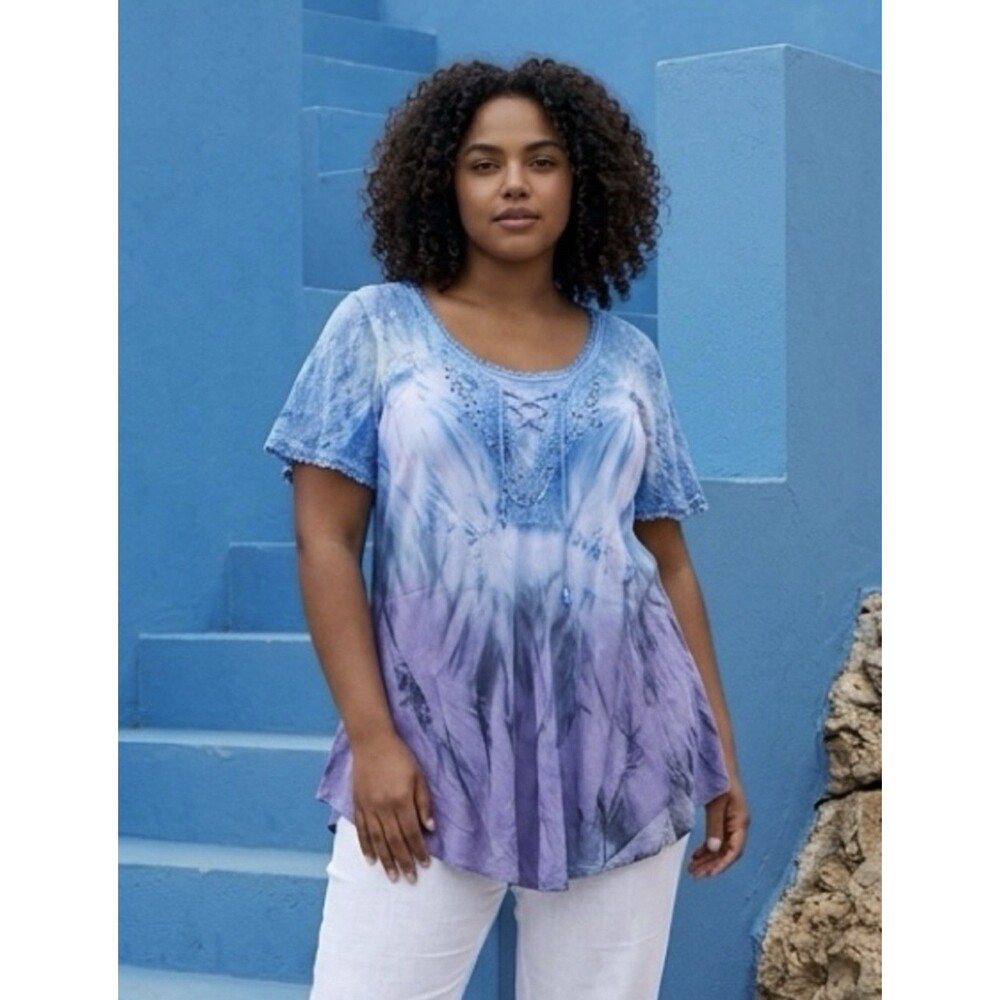 NWT Sakkas Women’s Boho Blue/Purple Ombre Tie Dye Top Blouse Shirt - One Size